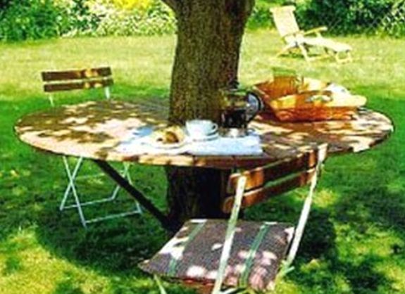 Обустройство вокруг дерева: клумба, скамейка, стол и даже беседка