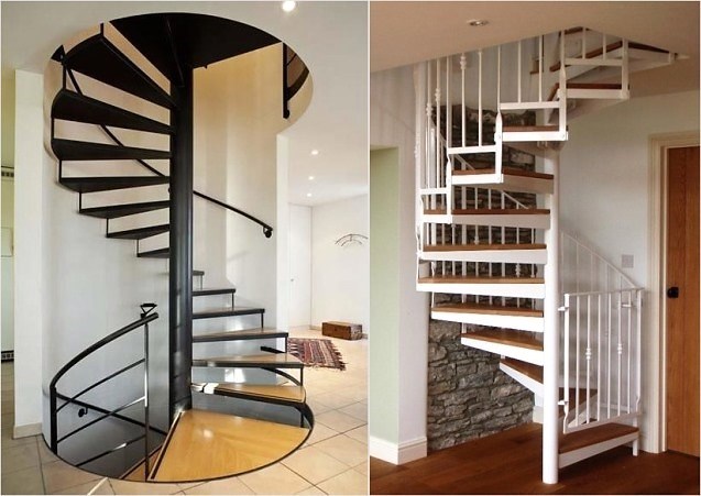 Винтовая лестница на второй этаж как яркий элемент интерьера частного дома
