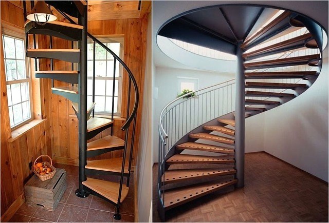 Винтовая лестница на второй этаж как яркий элемент интерьера частного дома